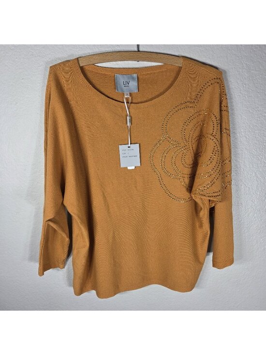 Liv Milano Sweaters - Liv Milano Mustard Yellow Embellished Pullover Dolman Sleeve Sweater Size L